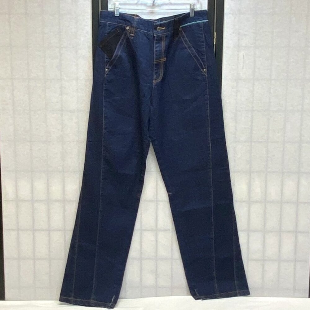 Live Mechanics Wide Leg Embroidered Dark Wash Denim Jeans 36 UltraSuede Accent